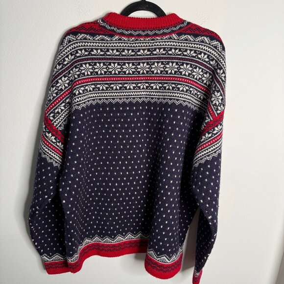 Lands‎ End Unisex XL Vintage Blue Red Nordic Fair Isle 100% Wool Crew Sweater - Picture 2 of 3